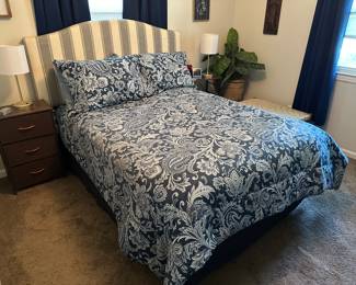 Full Size Bed with Upholstered Headboard, Night Stands, Lamps