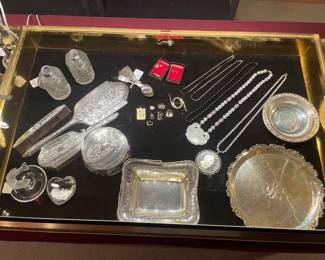 Sterling Dresser Set, Coin Silver Spoons, 14k/10k Gold Pendants and Earrings.