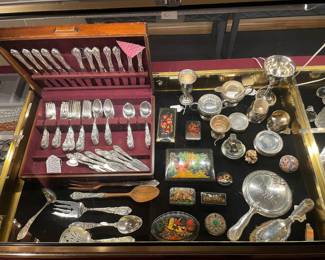 88pc Set of International Sterling "Richelieu" Flatware, Russian Boxes, Misc Sterling Items, Orient & Flume Bunny Paperweight, Netsuke, and Herend Box