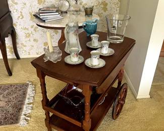 vintage hand painted tea service + antique tea cart