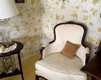 Vintage armchair, wall sconces, end table, lamps