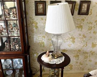 vintage glass table lamp + hummels + antique display case