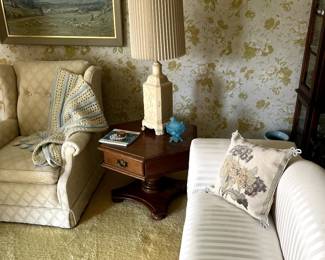 antique table lamp + painting + solid wood antique side table