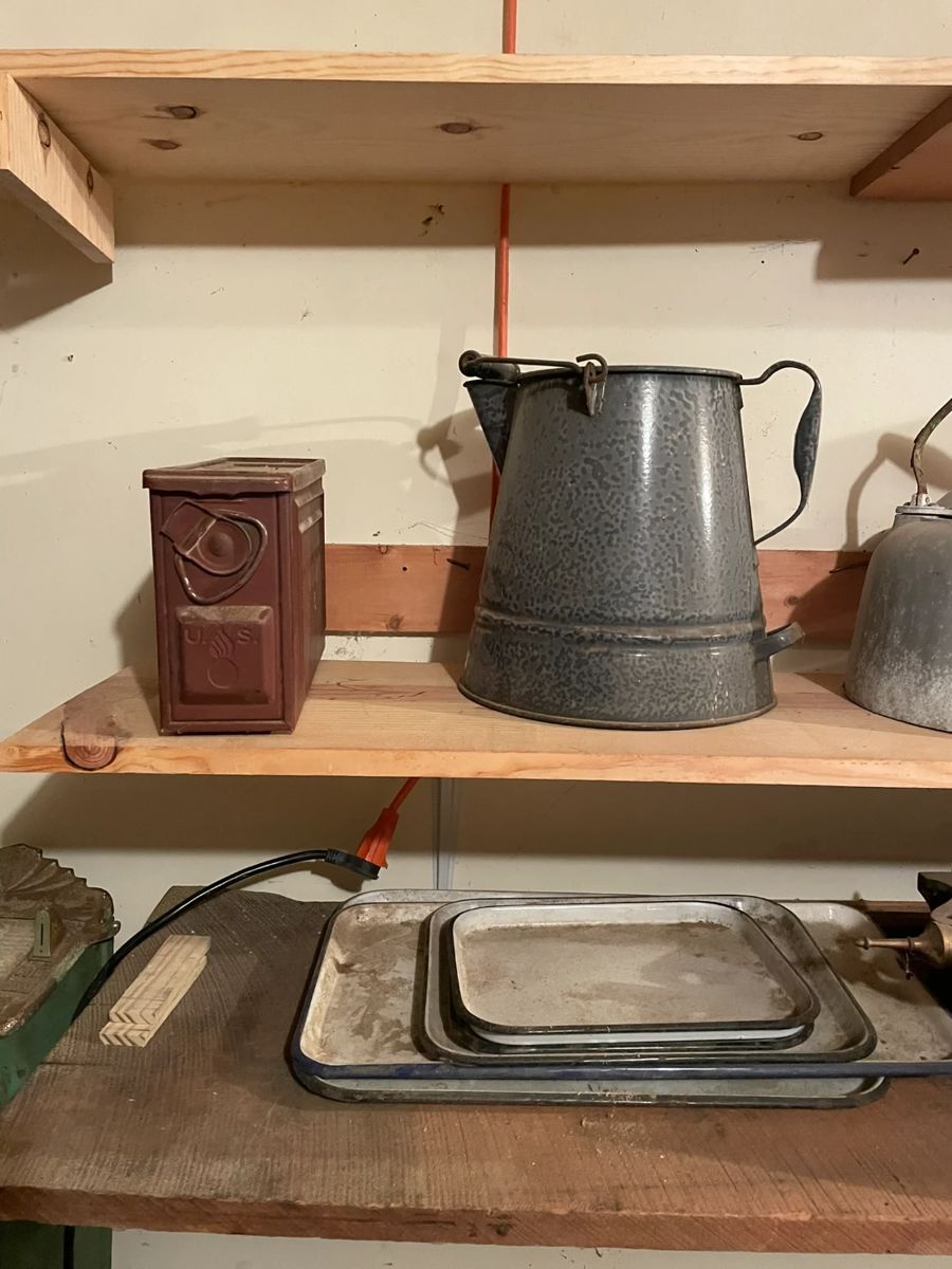 Vintage grey enamel graniteware kettle cowboy coffee pot metal & wood handle pitcher.