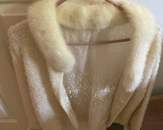Vintage ivory sequin embellished cardigan blonde mink collar.