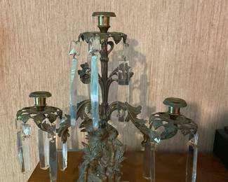 Pair of antique brass and crystal Girandole three-arm mantle candle holders with boy and girl.