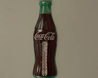 Minty 1956 vintage Coca-Cola die-cut tin bottle thermometer sign.