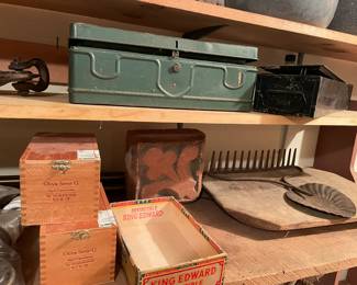Vintage metal boxes and wooden boxes.