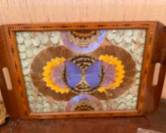 1940's Brazilian inlaid wood tray with butterfly wings.