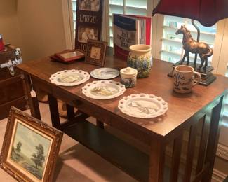 Mission style desk; horse lamp