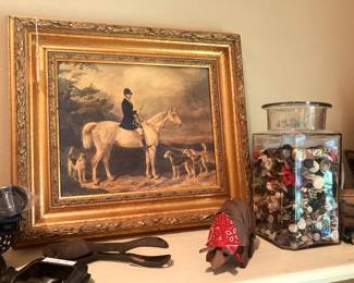 Framed horse art; button collection
