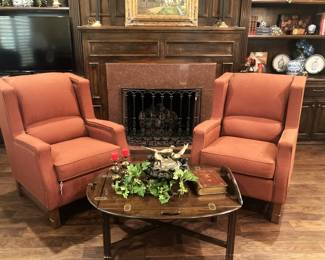 Handsome pair of peach-colored upholstered chairs