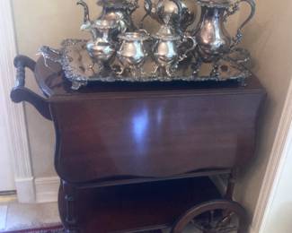 Tea cart and silverplate tea service