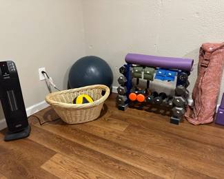 Wicker Basket, excercise ball, weights, gaiam essential blocks