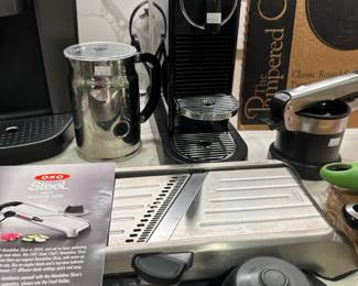 OXO Mandoline Slicer 2.0, OXO Potato Ricer,	Salter , Pampered Chef Round Stone