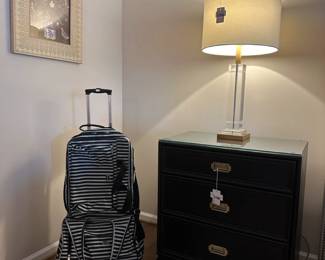 Ethan Allen Black Dresser Nightstand (B), Crystal Column Table Lamp (B), Sydney Love luggage, Framed Anna Pugh Art Print (A)