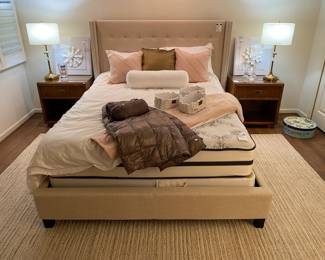 Pottery Barn Adjustable Table Lamp (A)Pottery Barn Adjustable Table Lamp (B), Tiffany & Co. Crystal Candlesticks, Z Gallerie Bisque Flower Wall Art (A)
Z Gallerie Bisque Flower Wall Art (B), Night, Hotel Collection bed set, queen, Crate & Barrel Linen Pillows Set

