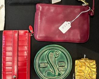 Vtg Coach leather wristlet, Grant Thornton Shelby GT500 Ceramic Pewabic Tile, Vtg. Estée Lauder Solid Perfume Powder Compact, Lordis wallet
