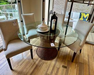 Restoration Hardware nailhead dining chairs, Pottery Barn Lantern