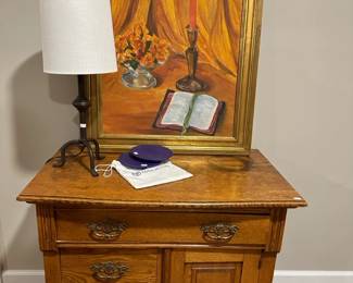 Yoga Jellies, Framed Paintng, Table Lamp, Wood Nighstand