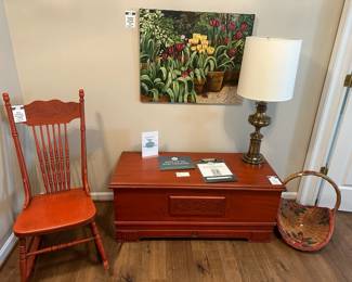 Pomeroy signed original art,  Brass Table Lamp, Red Painted Cedar Chest, Red Painted Rocking Chair, Painted Gathering Basket

