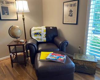Embossed Brass Coal Box, Italsofa Armchair & Ottoman A,Ethan Allen Petit Brent Table, Rand McNally 12
