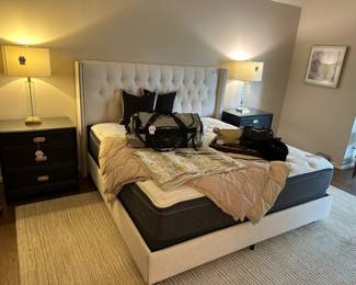 Ethan Allen Black Dresser Nightstand A & B, Fuzzy blanket and comforter, Decorative pillows, Therapedic mattress pad queen, Crystal Column Table Lamp (A), (B), Beautyrest Silver king mattress, Linen tufted king bed frame,  Wood tray, Brighton purse, COACH Leather Shoulder Purse 1429, Greyson x Jones Duffle Bag 70L

