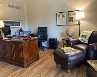 Embossed Brass Coal Box, Italsofa Armchair & Ottoman A,Ethan Allen Petit Brent Table, Rand McNally 12