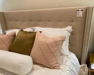 Linen Tufted Queen Bed Frame, Hotel Collection bed set, Decorative pillows, Crate & Barrel Linen Pillows Set