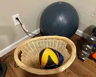 Wicker basket, excersise ball