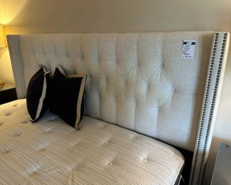 Linen tufted king bed frame, Decorative pillows
