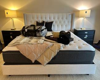 Ethan Allen Black Dresser Nightstand A & B, Fuzzy blanket and comforter, Decorative pillows, Therapedic mattress pad queen, Crystal Column Table Lamp (A) (B), Beautyrest Silver king mattress, Linen tufted king bed frame,  Wood tray, Brighton purse, COACH Leather Shoulder Purse 1429, Greyson x Jones Duffle Bag 70L

