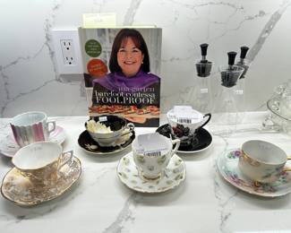Gladstone Primrose Cup & Saucer, Oil and Vinegar Dispensers, Royal Albert Masquerade Cup & Saucer, 	Signed Ina Garten Barefoot Contessa Cookbook