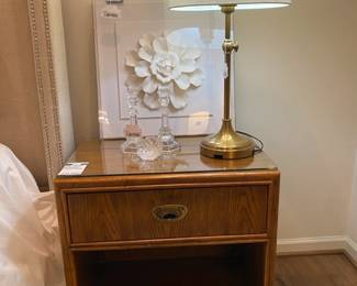 Vtg Drexel Accolade Nightstand, Tiffany & Co. Crystal Candlesticks, Pottery Barn Adjustable Table Lamp (A), Z Gallerie Bisque Flower Wall Art (A)