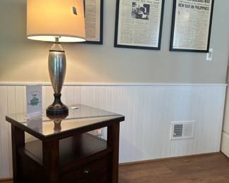 Pottery Barn Mahogany Side Table, Metallic Lamp