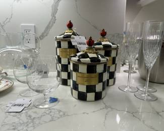 Mackenzie Childs Checkered Canister Set, Tiffany & Co. Brandy Glasses Pair, Tiffany & Co. Crystal Pitcher