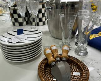 Nate Berkus Dessert Plates, Mackenzie Childs Checkered Canister Set, Tiffany & Co. Champagne Flute
