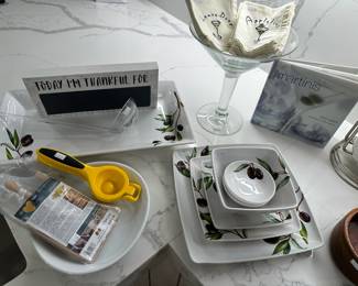 Large Martini Glass, Pottery Barn Cocktail Napkins,	Krosno Ladle, Crate & Barrel Spoon Rest, Altar'd State Blackboard, Acrylic Tray, Northstar Cocktails Book, Martha Stewart Olive Bowl
