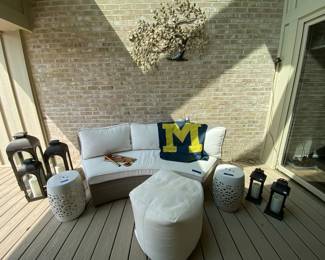 Surya Ceramic Garden Stool (A), Surya Ceramic Garden Stool (B), Frontgate Pasadena Outdoor Sofa, Restoration Hardware Iron Lanterns, Metal Tree Wall Art
