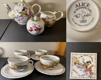 Porcelain Alice In Wonderland by Paul Cardew Teapot, Cream/Sugar, 4 Cups/Saucers & Trivet - England 