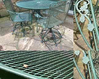 Green Iron Round  Patio Table with 4 Swivel Arm Chairs 