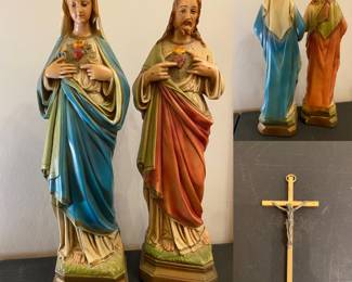 Vintage Sacred Heart of Jesus & Virgin Mary Madonna 12” Religious statues 1950’s chalkware