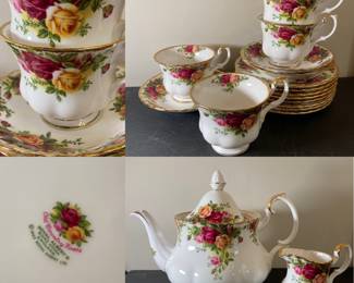 Old Country Roses Royal Albert Bone China England Teapot, Creamer, 3 Cups/Saucers, 8 Bread Plates