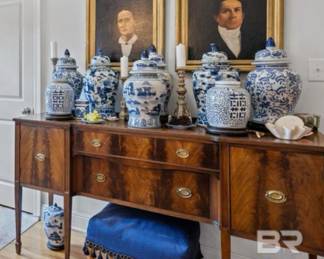 Mahogany Sideboard with Blue and White Asian Accessories ( Portraits not included in sale.)