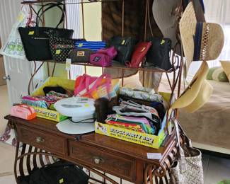 Bakers rack, purses, bags