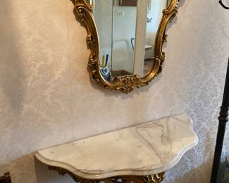 Vintage Italian Gilt Gold Entry Way Mirror with Marble Half Table