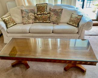 Bradley Designs White Brocade Textured Sofa. Mid Century Traditional Cocktail Table with Glass Top