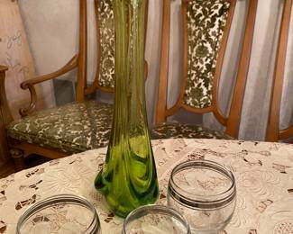 Mid Century Viking Glass Stretch Vase, Mid Century Silver Rim Roly Poly's