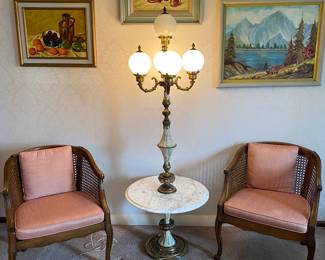 Vintage Cane Side Arm Chairs with Pink Silk Fabric. Vintage Italian Gold Gilt 5 Globe Floor Lamp with Marble. Original Oil Paintings