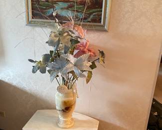 Vintage Italian Gold Marble Top Occasional Table. Vintage Onyx Vase